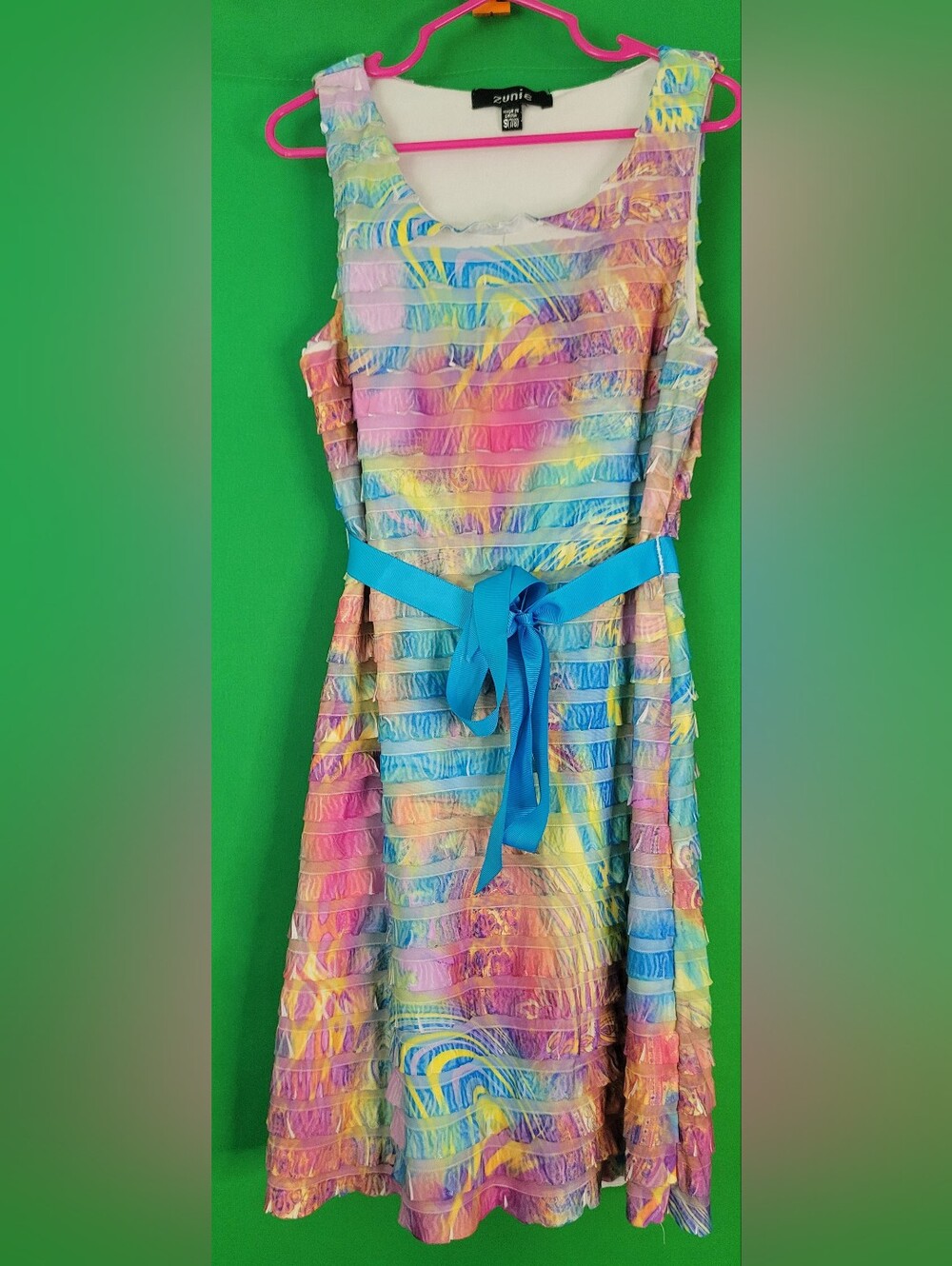 Zunie Girls Rainbow Ruffle Dress with Blue Sash Small 7/8 Church Pictures Formal